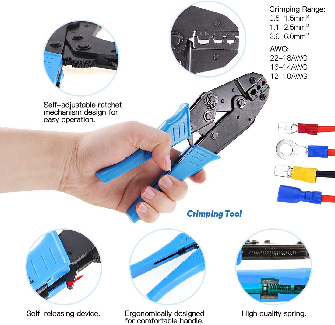 Glarks Wire Terminals Crimping Tool Set, Insulated Wire Terminals Connectors Ratcheting Crimper Tool 22-10AWG with 419Pcs Insulated Butt Bullet Spade Ring Crimp Terminal Connector and a Wire Stripper