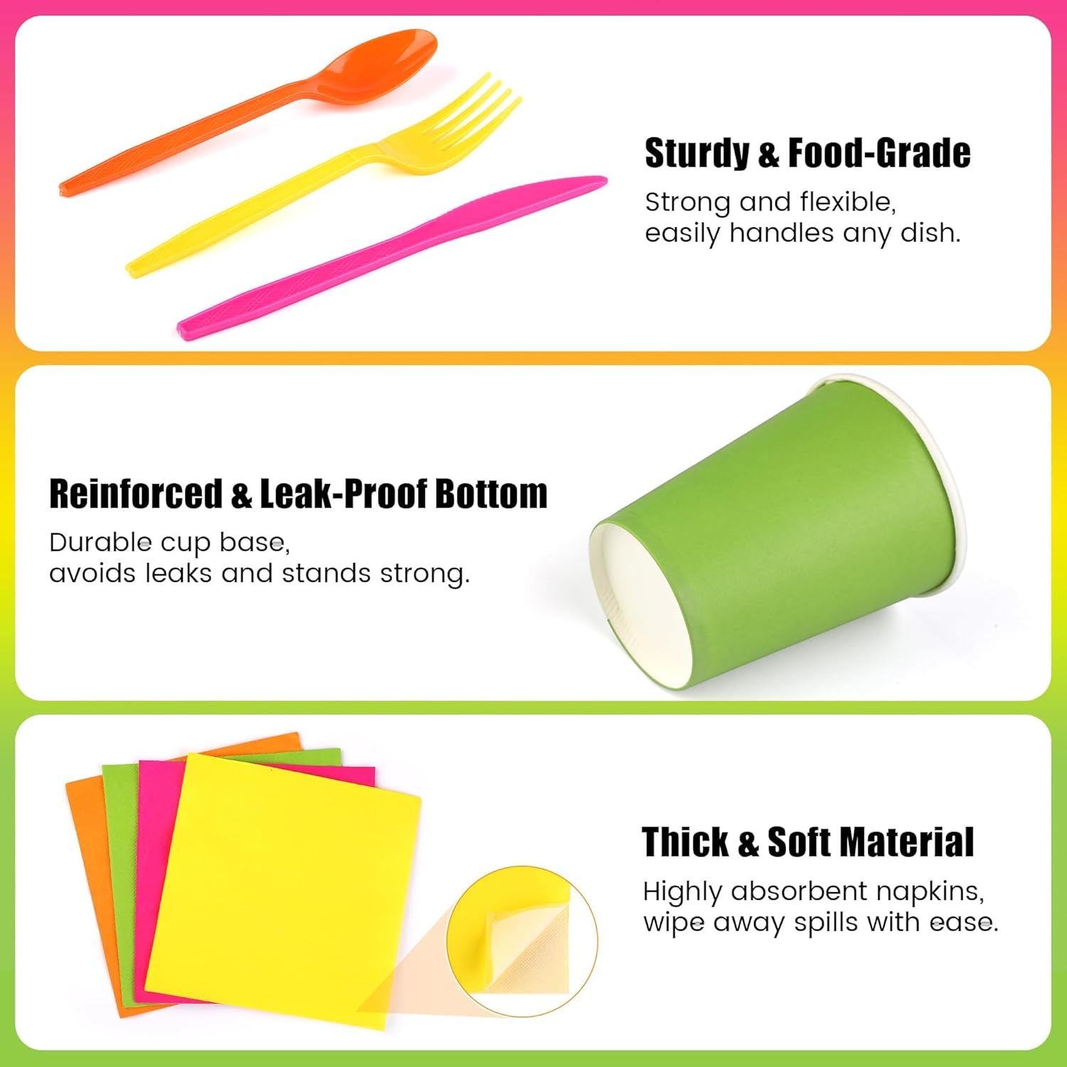 Kochorie 350 Pieces Neon Dinnerware Set, 7 & 9 inch Dessert Paper Plates Cups Napkins Plastic Cutlery Disposable Party Supplies for Neon Glow Party Birthday Baby Shower Wedding, Serve 50 Guests