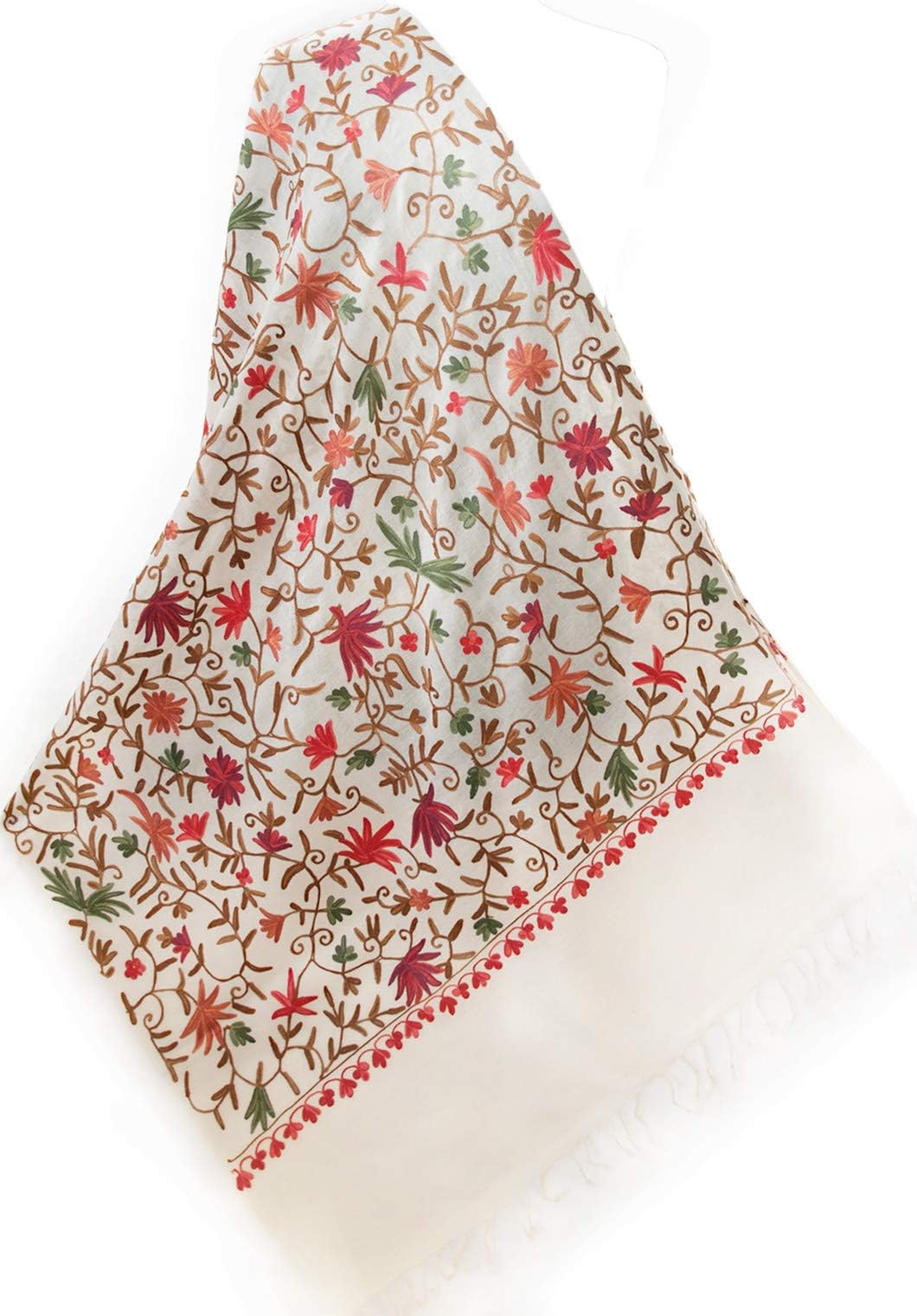 Red Flowers Green Leaves Brown Vines Crewel Embroidered IvoryWool Pashmina Shawl