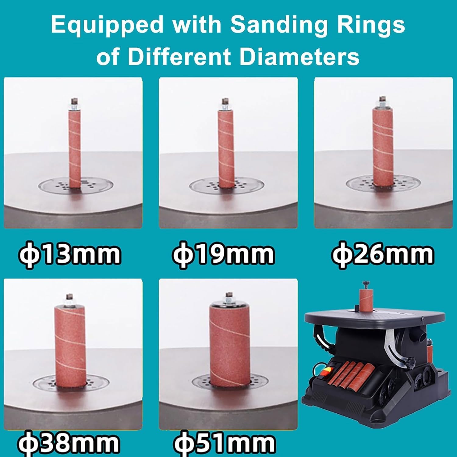 Lijadora de banda de banco de trabajo, lijadora eléctrica de bobina de 400 x 400 mm con 5 mangas de lijado, rango de anillo de lijado de 13-51 mm para carpintería, hogar, estudio, fábrica