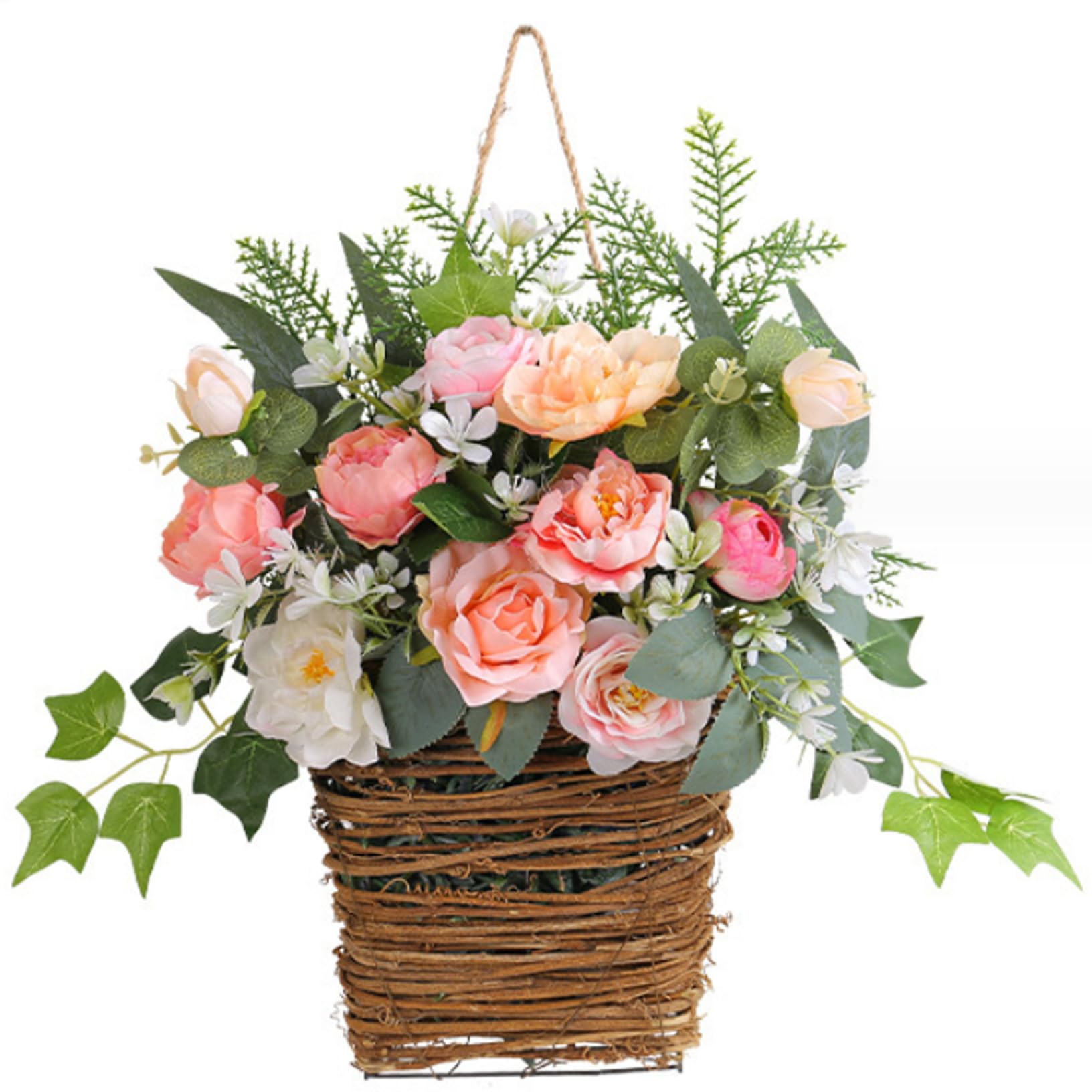 Hintyne Hanging Basket Wreath Hanging Wreath Basket, Artificial Wreaths for Front Door, 9.8 Inch Beautiful Spring Door Decoration for Home Wedding Party Porch Style 1