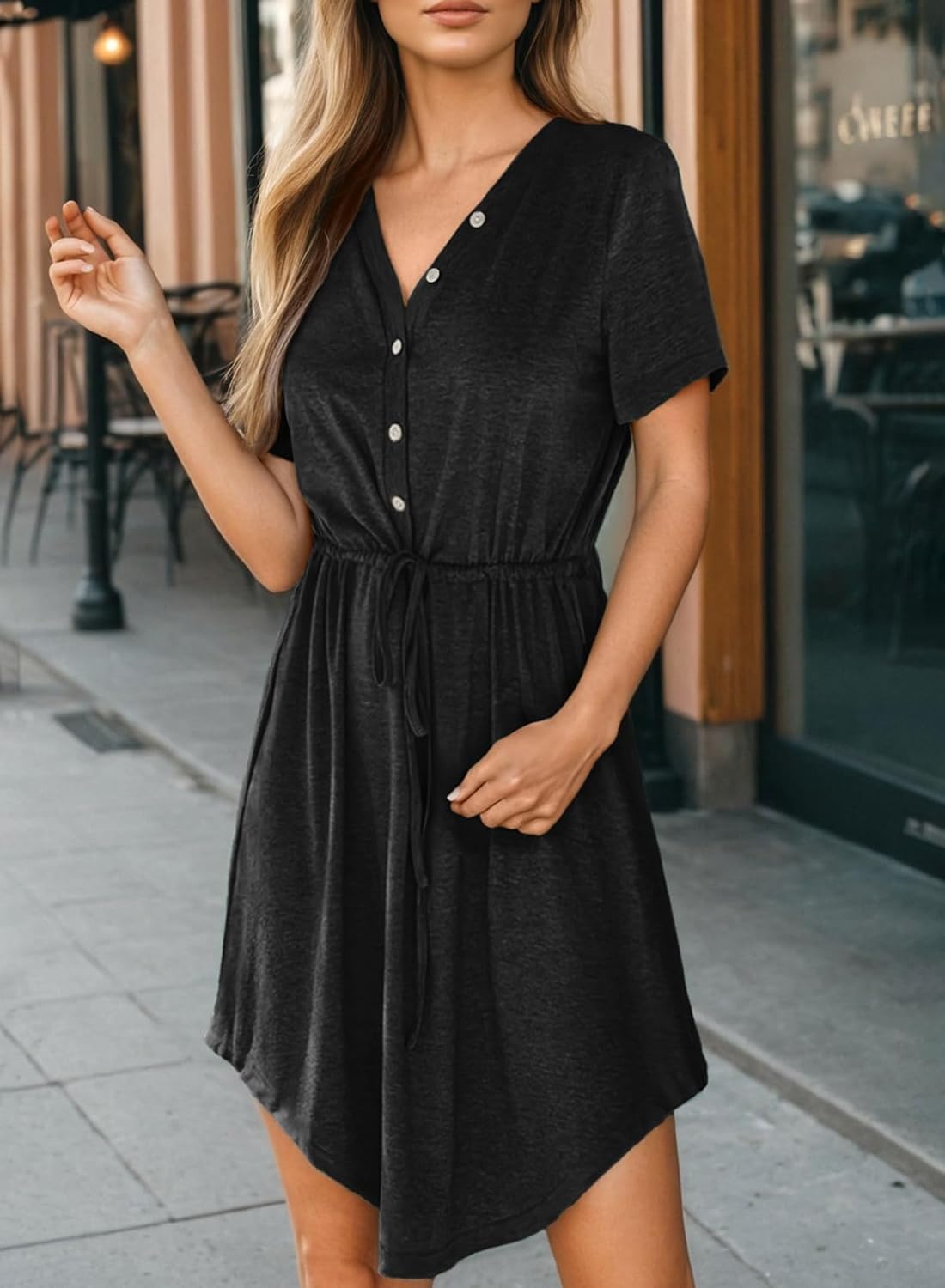 Dokotoo Womens Spring Summer Dresses 2026 Casual Tunic Dress Short Sleeve V Neck Flowy Swing Mini Shift Dress - Image 5