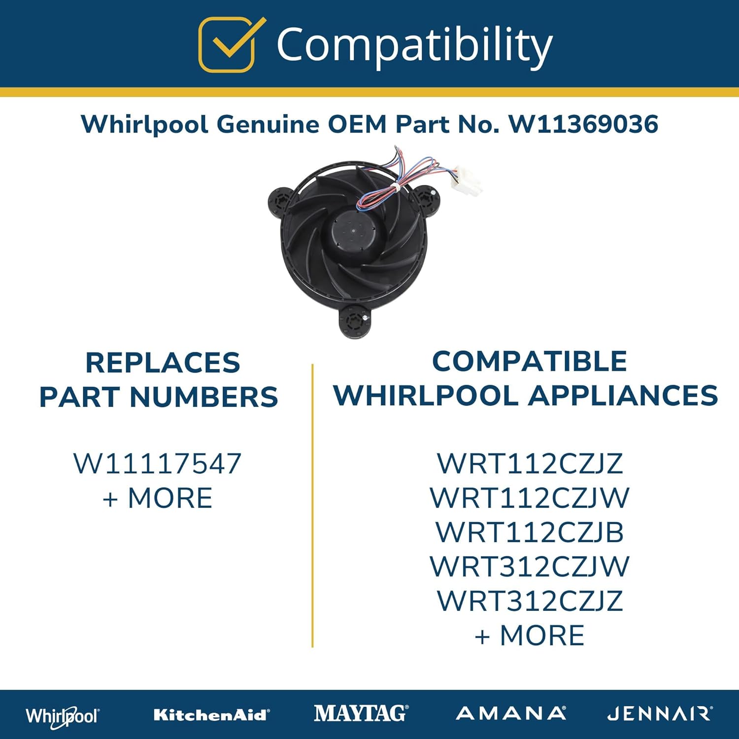 Whirlpool W11369036 W11633362 OEM Refrigerator Evaporator Fan Motor, Black