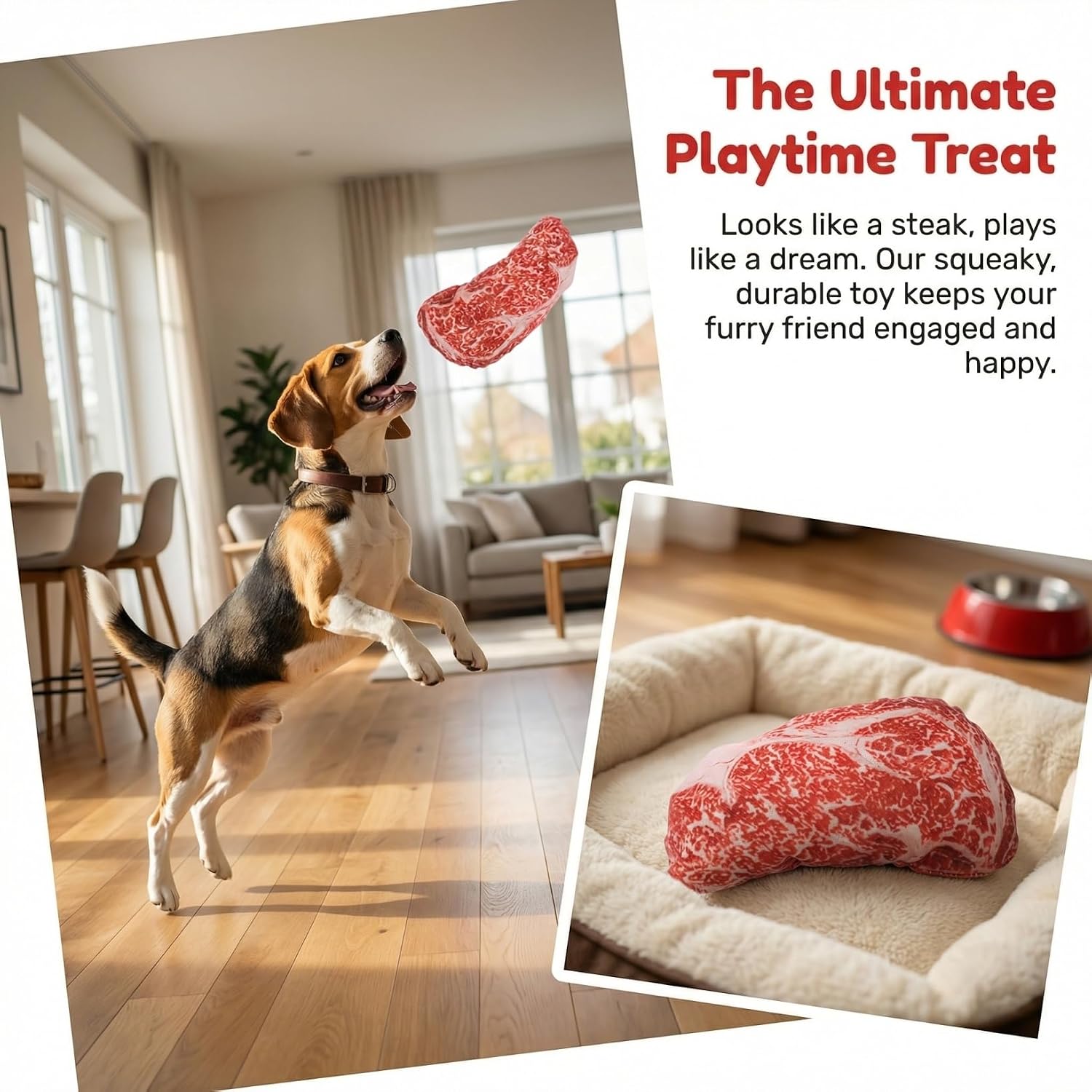 UKCOCO Realistic Steak Dog Squeaky Toys, 2 Pack Artificial Raw Beef Meat Simulation Food Puppy Chew Toy, Sturdy Oxford Cloth Stuffed Pet Plush for Small Medium Dogs, Funny Photo Prop & Display image 4