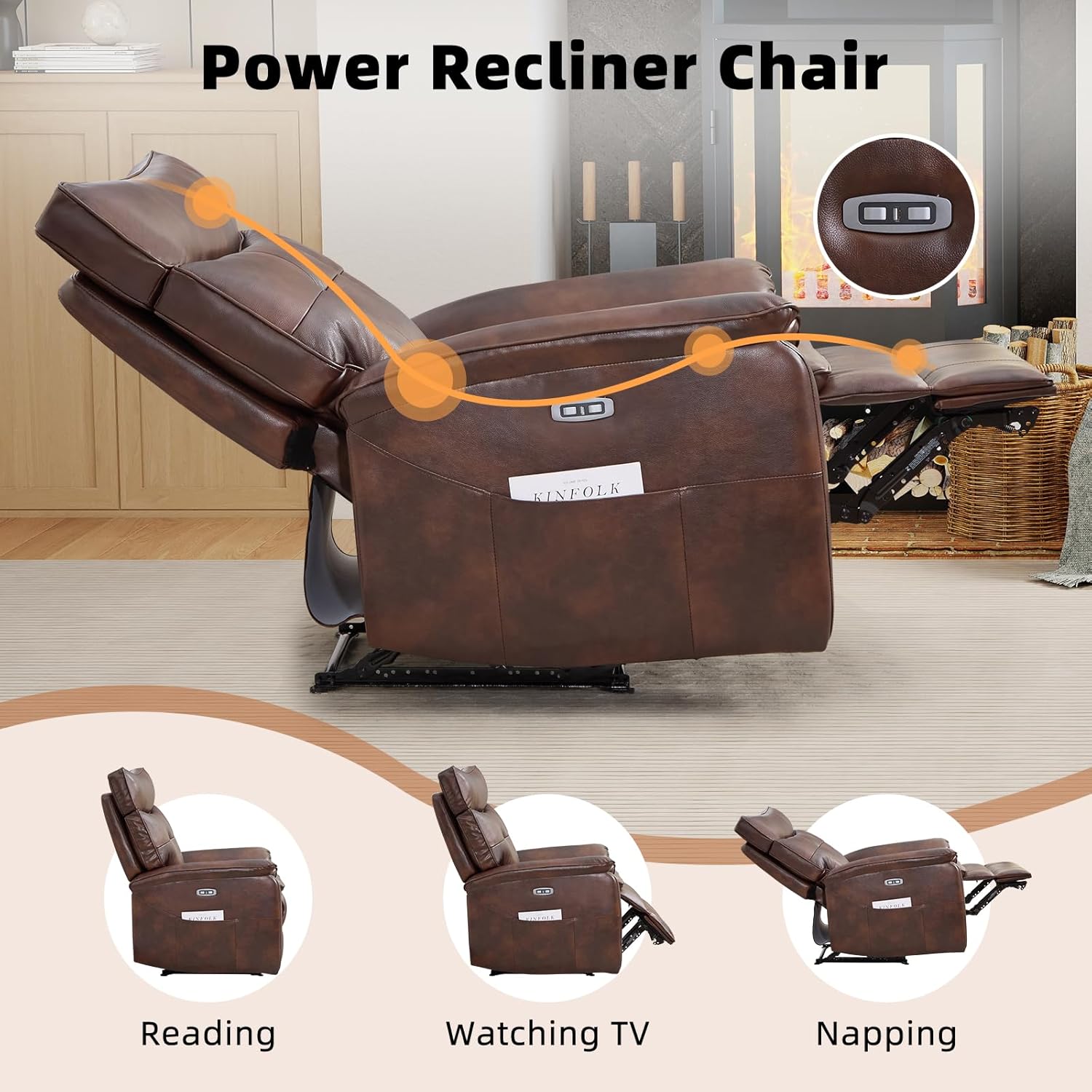 CANMOV Genuine Leather Recliner Chair,Power Recliner Chair for Adults,Electric Single Reclining Sofa with Overstuffed Armrest and Backrest for Living Room,Brown