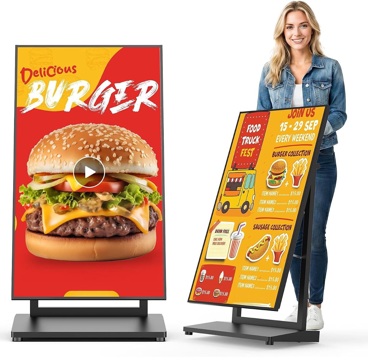 de señalización digital de 43 pulgadas, quiosco publicitario negro Android 11 | Móvil Plegable, LCD Aluminio Interior Antirreflejos, CMS Gratuito, Sin Suscripción, WiFi, Bluetooth 5.3, para Restaurante/Tienda/Evento