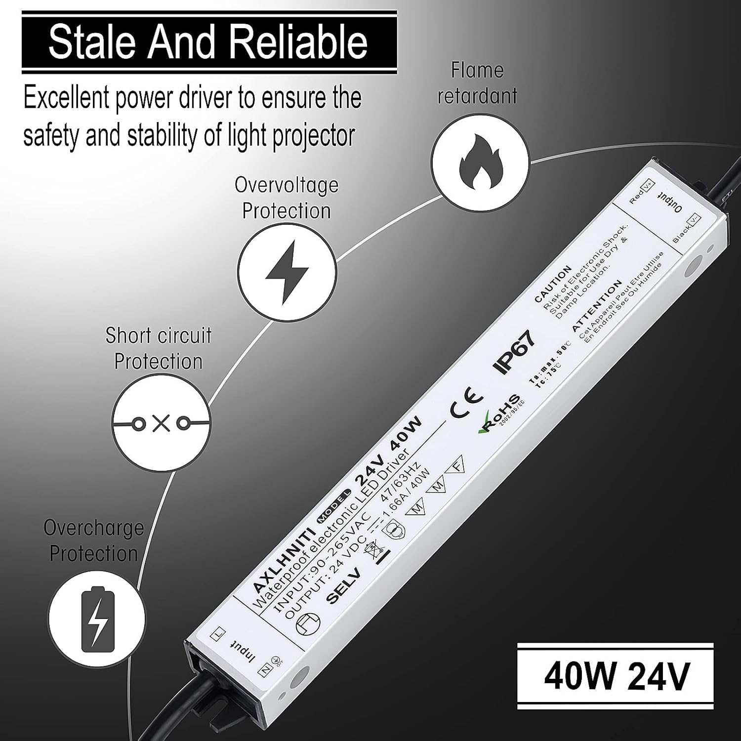 4 Pack LED Driver - 40W Waterproof IP67 Power Supply, 90V-265V AC to 24V DC, 3-Prong Plug 3.3 Feet Cable for Constant Voltage LED Products