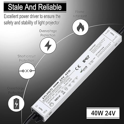 Miniatura 2 de Fuente de alimentación LED 40W, impermeable IP67, 90V-265V CA a 24V CC, enchufe de 3 clavijas y cable de 3 pies para tiras de luces LED