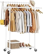 Double Rods Clothes Rack, Sturdy Rolling Clothing Rack, Portable Clothing Racks for Hanging Clothes - Metal Garment Rack Wardrobe Coat Rack for Bedroom Laundry Living Room, White