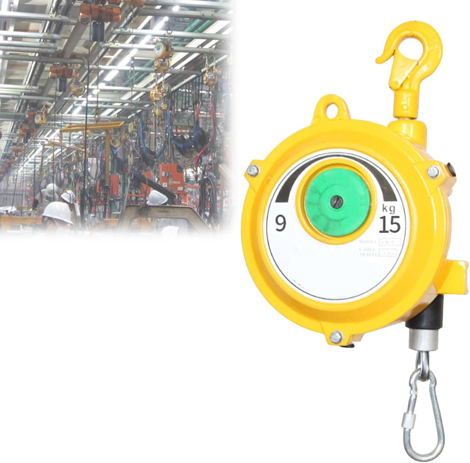 Retractable Spring Balancer 1.5m Wire Rope & Hook - Heavy Duty for Workshop, Assembly Line, Automotive Equipment (9-15kg) - Durable Load Suspension Tool
