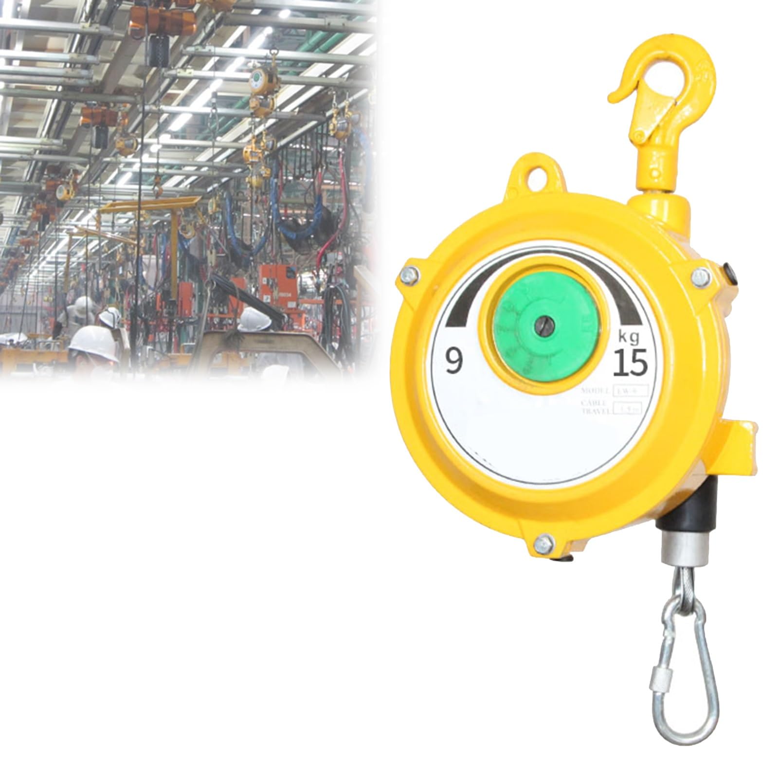 1pc Retractable Spring Balancer with 1.5m Wire Rope and Hook - for Workshop, Assembly Line, and Automotive Equipment(9-15kg)