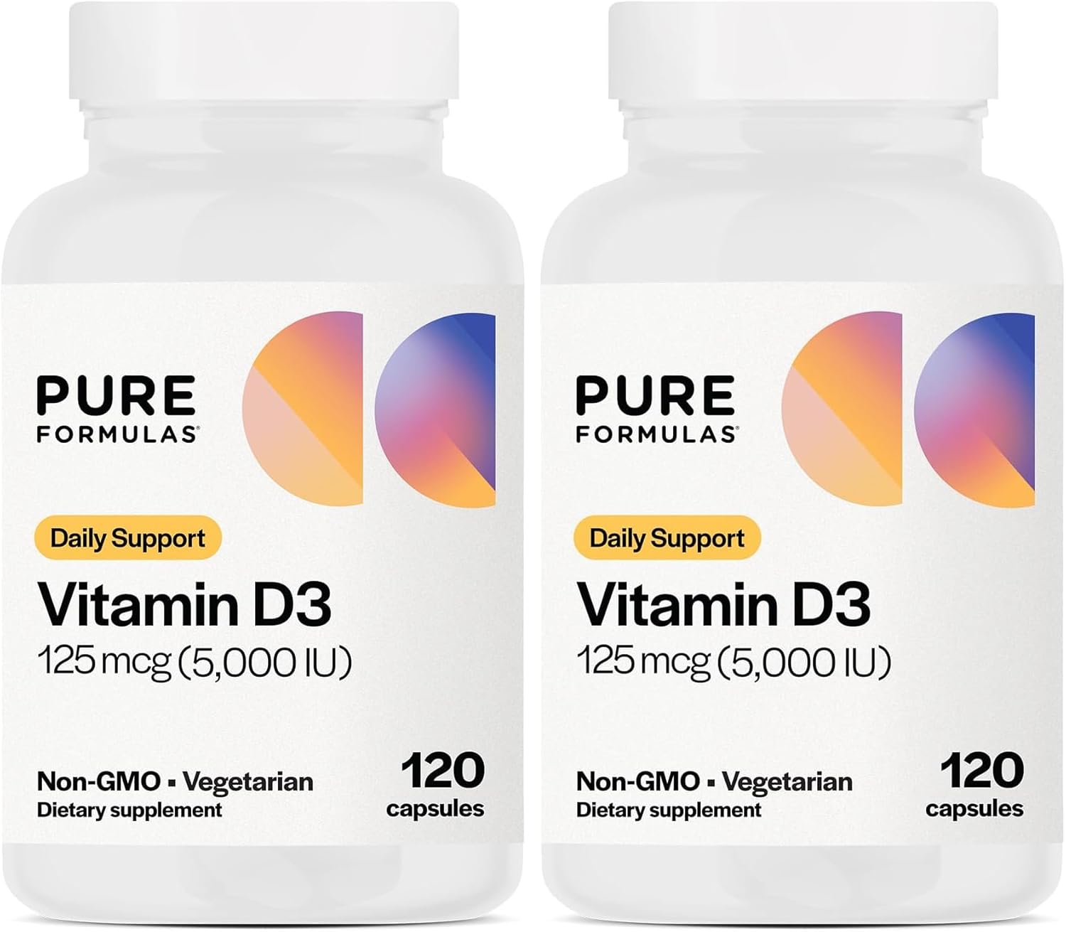 PureFormulas Vitamin D3 5,000 IU 125 mcg - Pure Vitamin D Supplement for Healthy Bone Formation, Teeth, Cardiovascular Health, and Immune Support Non-GMO - 120 Count Vegetarian Capsules (Pack of 2)