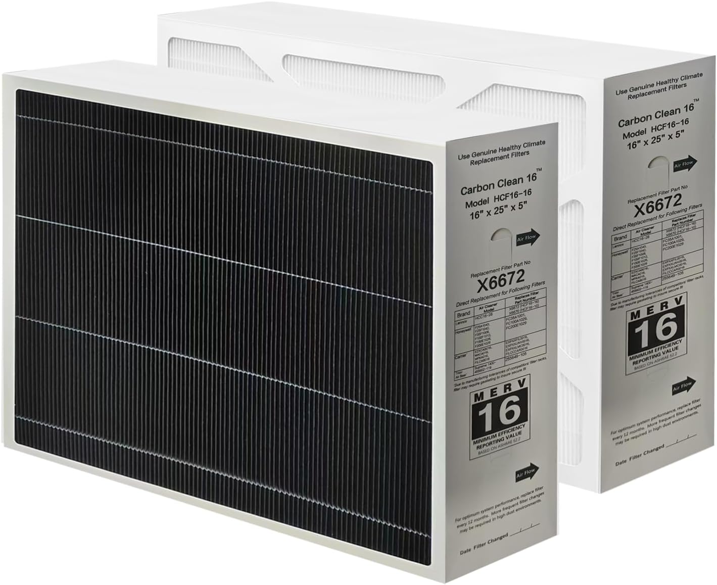 X6672 16x25x5 MERV 16 Furnace Air Filter, Compatible with Lennox X6672 Healthy Climate Carbon for Furnace,Actual Size: 15.75 x 24.75 x 4.37 In 2 Pack