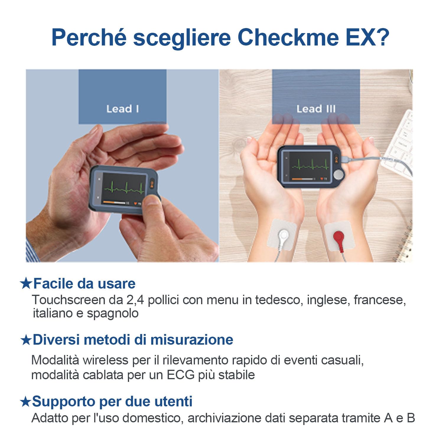CheckMe Plus Monitor ECG per Uso Domestico,Funzione di Analisi ECG,30s/60s/5min ECG Portatile con Visualizzazione in Tempo Reale, Registra Prima, Carica Dopo, Memoria Illimitata (Smartphone/PC)