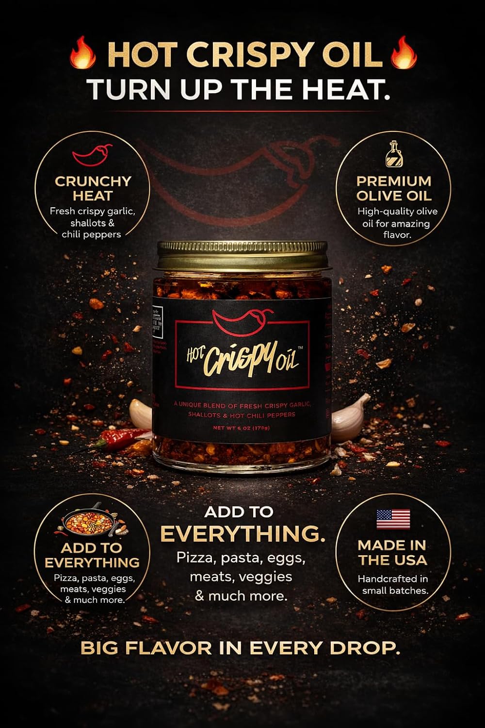 The "Hot Tub" from Hot Crispy Oil, Unique Blend of Fresh Crispy Garlic, Shallots, Hot Chili Peppers and Olive Oil, 16 oz Chili Crisp Oil