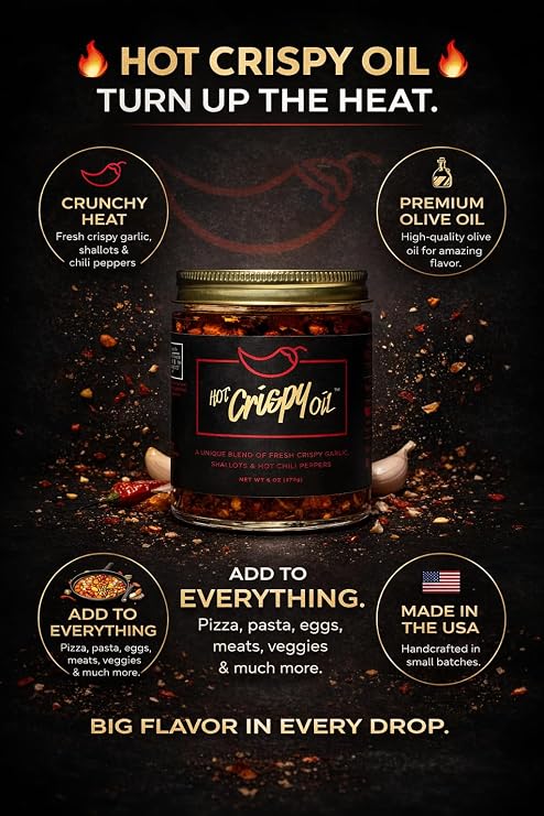 The Hot Tub from Hot Crispy Oil, Unique Blend of Fresh Crispy Garlic, Shallots, Hot Chili Peppers and Olive Oil, 16 oz Chili Crisp Oil