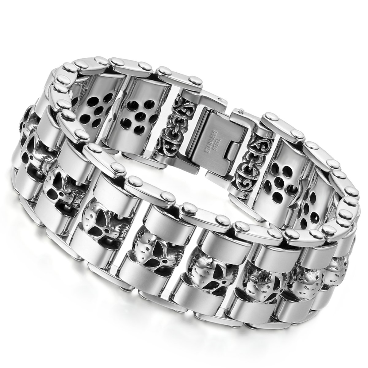 Flongo Herren-Armband für Herren, Große Schwer Breit Edelstahl Armband Link Handgelenk Silber Schwarz Gold Totenkopf Schädel Motorradfahrer Biker Herren-Accessoires
