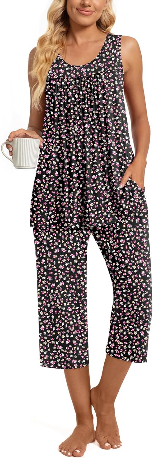 TAOHUADAO Womens Summer 2 Piece Pajama Sets, Sleeveless Tops with Capri Pants, Lounge Ladies Pjs Sets with Pockets