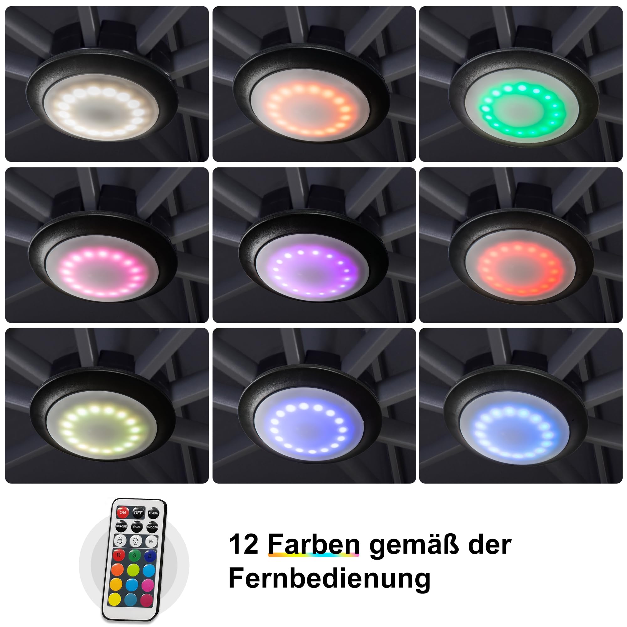 PURPLE LEAF ZY04ZXD LED Sonnenschirm Beleuchtung mit Fernbedienung Tragbarer wiederaufladbarer 12-Farben-Wechsel für Außenbereich