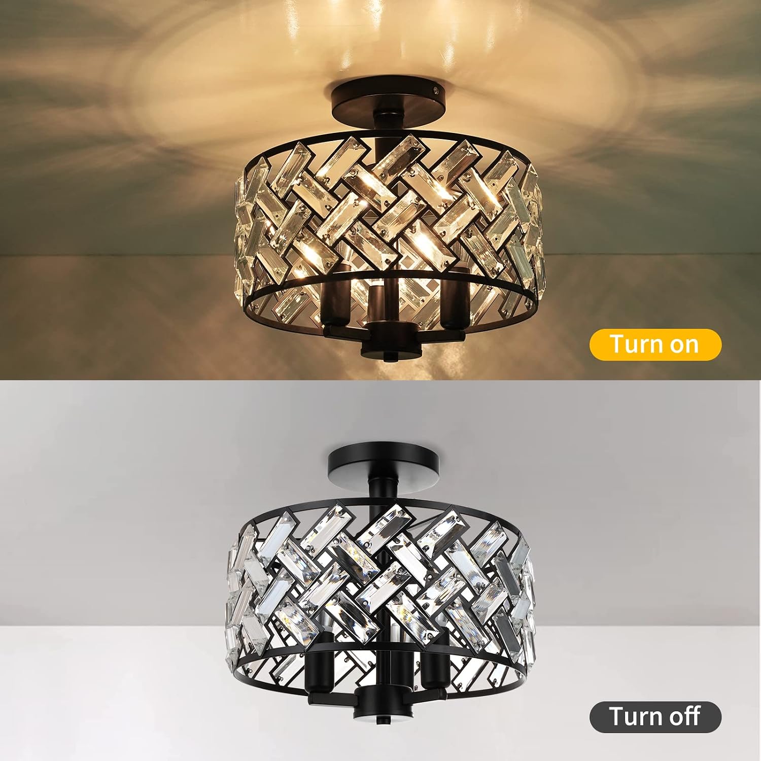Comparison of FRIDEKO HOME ceiling light turned on and off, showing light projection