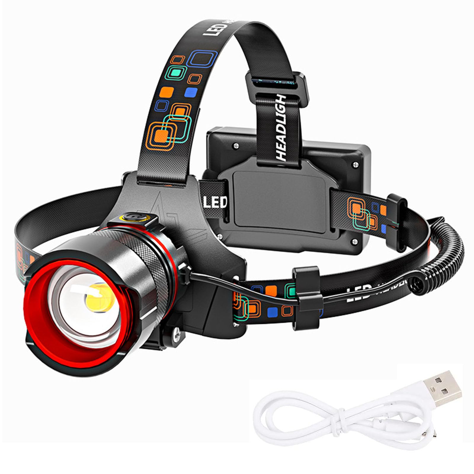 Latarka Czołowa Z Możliwością ładowania, Super Jasne Reflektory Led O Mocy 1400 Lumenów, Latarki Czołowe O Długim Czasie Działania 5–10 Godzin, Latarki Czołowe Z Regulacją 90° Na (Color:Żółte światło)