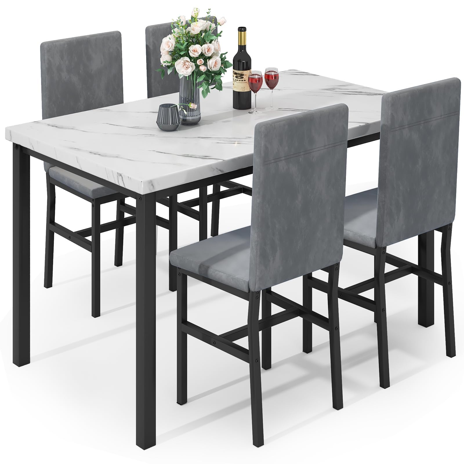 Hooseng 5-Piece Dining Table Set for 4 with Faux Marble Top & Velvet Chairs, Space Saving Modern Kitchen Table Set for Small Spaces, Apartments