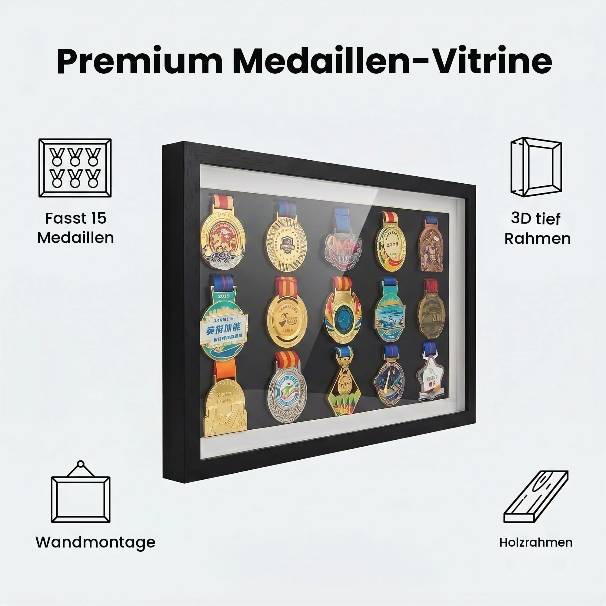 Große Medaille Display Shadow Box, 15 Medaillen Vitrine Medaille Display Rahmen Perfekte Medaille Display für Kriegsmilitär, Läufer, Marathon, Fußball, Gymnastik & alle Sportarten (Schwarz)