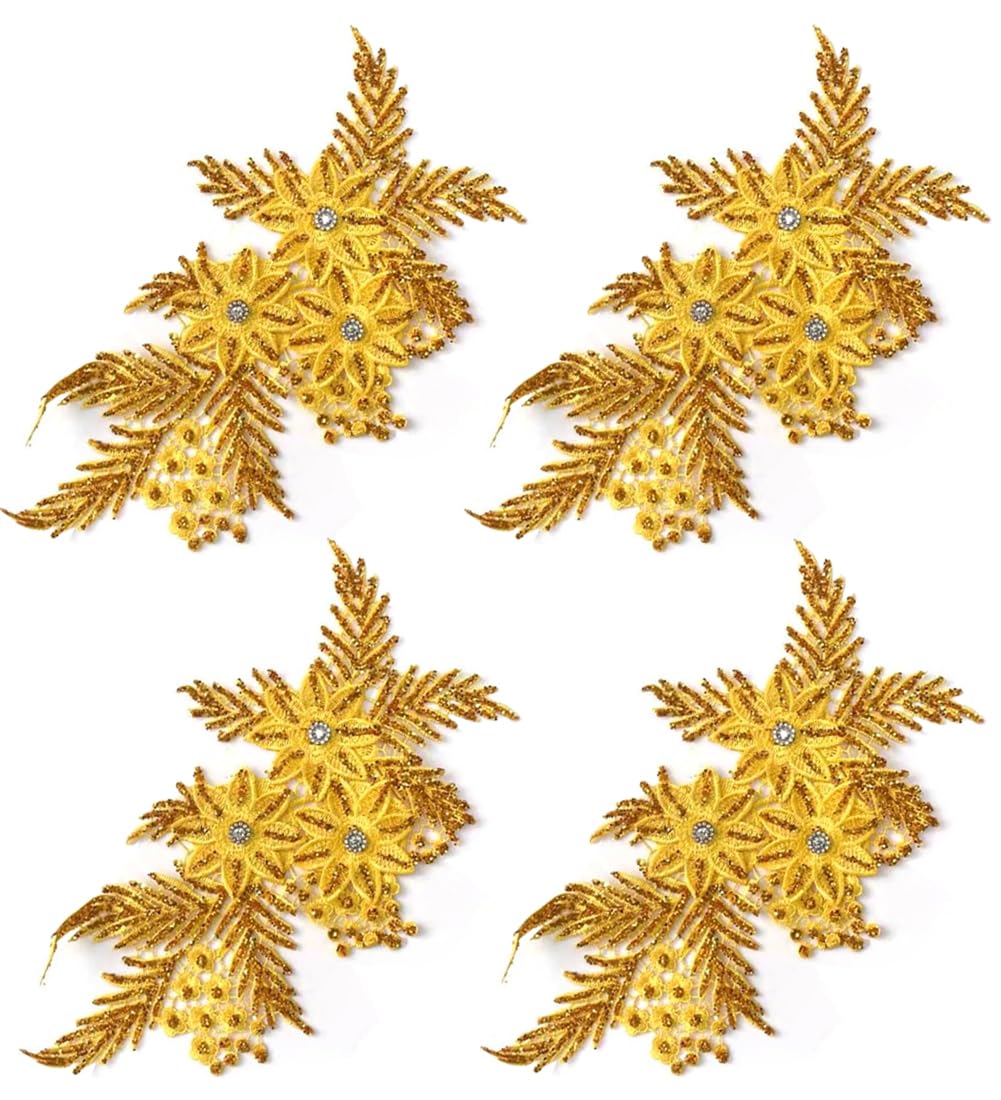 Patchs en Tissu à Fleurs brodées, Paquet de 4 Appliques Strass Scintillantes(Yellow)
