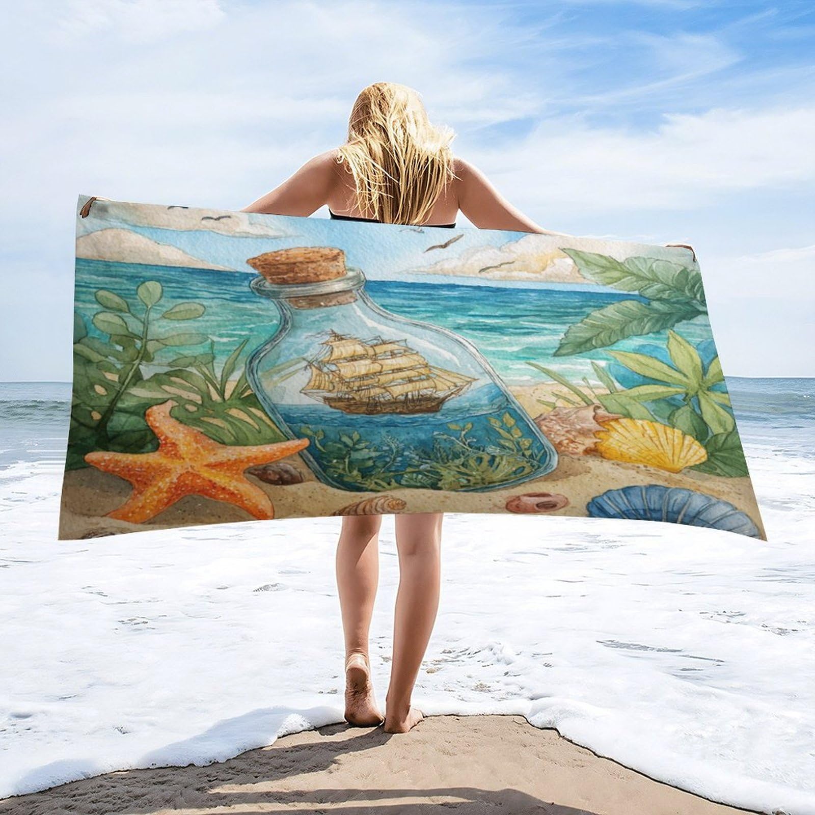 Luyysky Rustic Abstract Pirate Ship Absorbent Beach Towel, Mid Century Nautical Seaside Animals Seagulls Starfish Shells Outdoor Single-Sided Velvet Beach Towel-80 W Cm X 160" L Cm