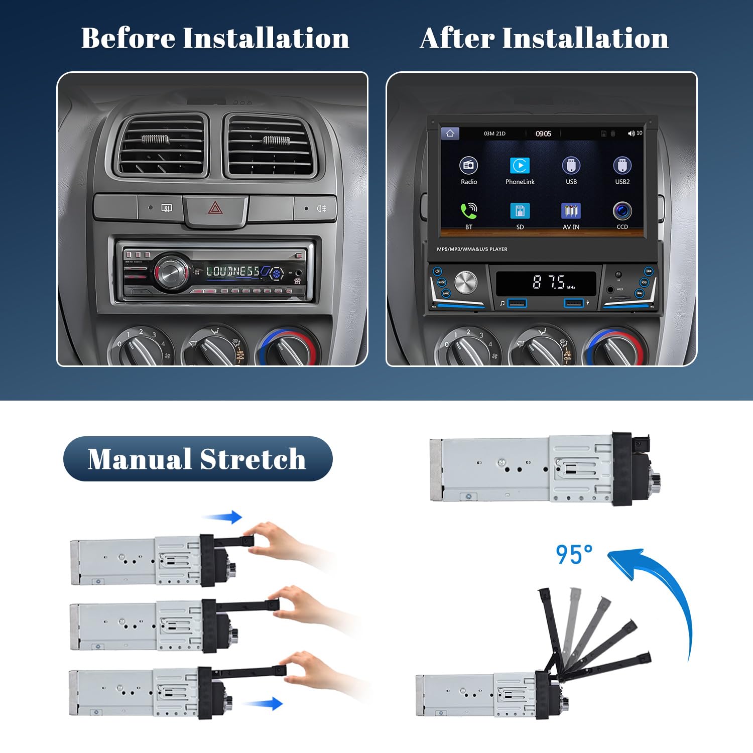 Hikity 7" 1 DIN CarPlay Autoradio avec Bluetooth FM Caméra de Recul | Écran Tactile Android Auto Wireless CarPlay EQ Commandes au Volant Mains Libres USB AUX Carte TF