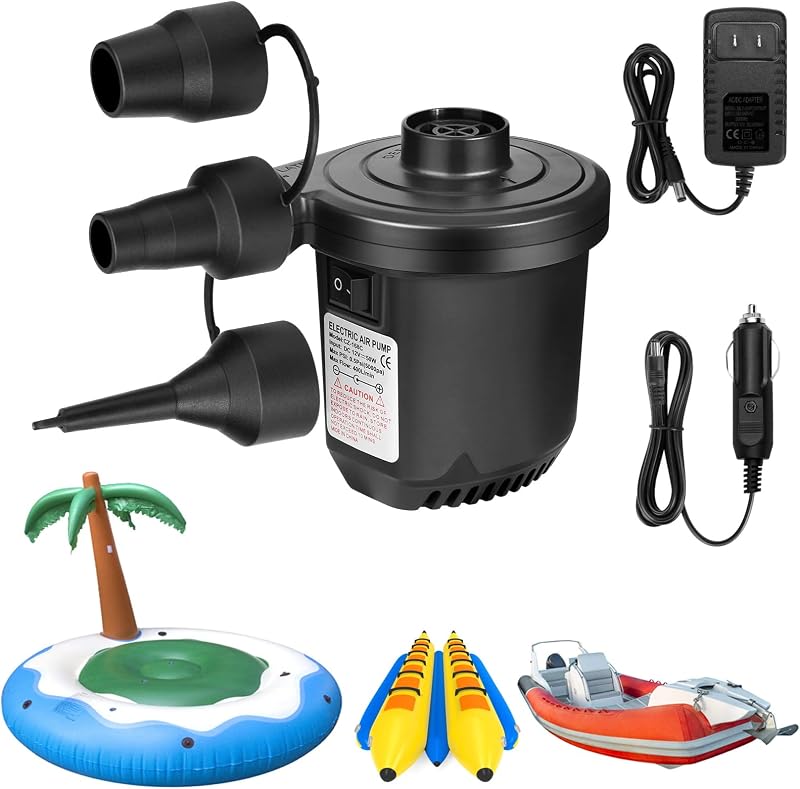 Bomba de aire para inflables, bomba de colchón de aire eléctrica portátil de llenado rápido con 3 boquillas, bombas infladoras y desinfladoras para acampar al aire libre, flotadores de pileta, sofá inflable, anillo de natación, 12 V CC/110 V CA