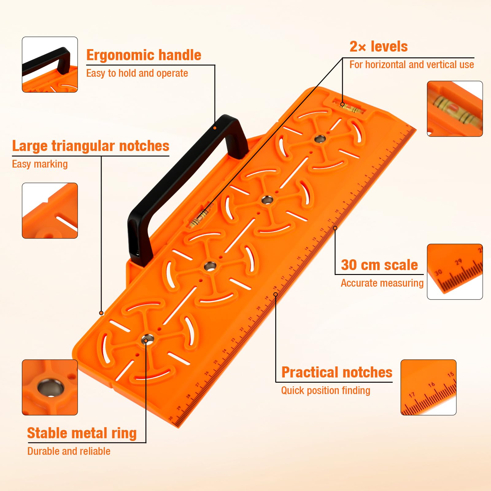 Plantilla de Taladro para Enchufe 71 mm – Caja Empotrada y Paredes Secas – Nivel de Burbuja y Regla Integrada, Herramienta de Precisión para Instalación Eléctrica(Naranja)