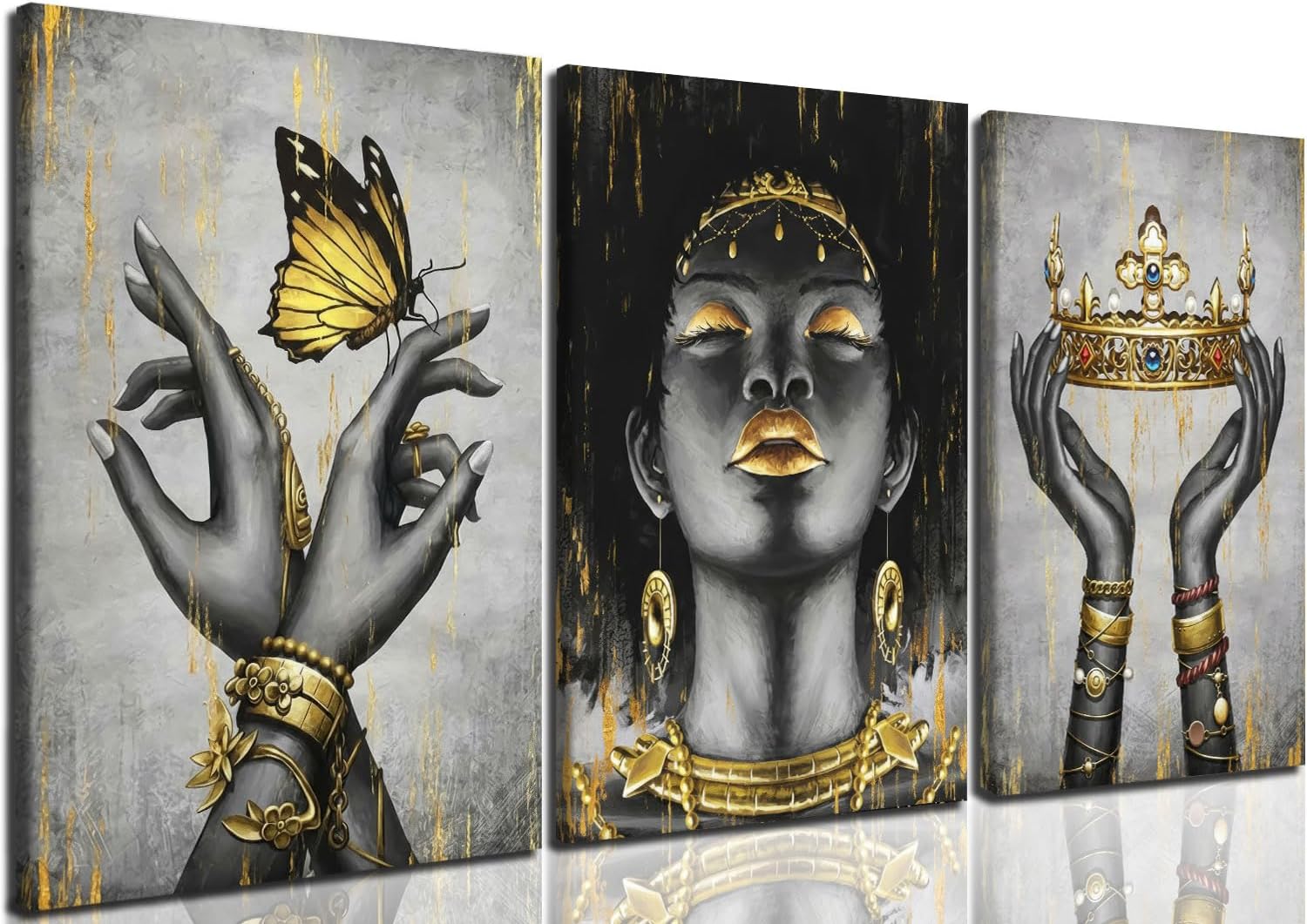AUFDASORT 3 Pcs African Queen Canvas Wall Art, Black Woman Portrait with Gold Butterfly and Crown, Modern Gallery Wrapped Wall Decor for Living Room Bedroom Office Studio, 12x16 Inch, Ready to Hang