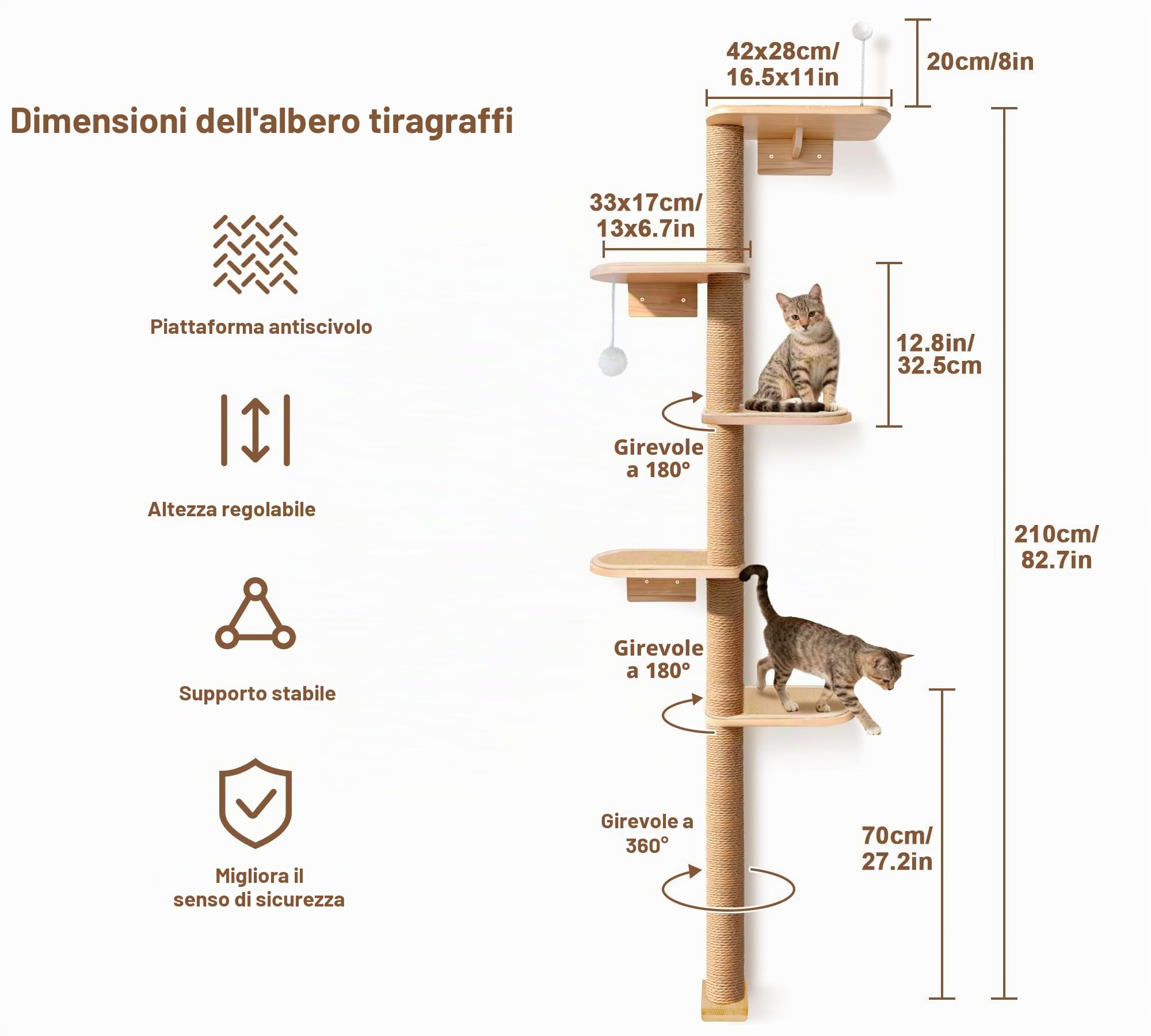 HFHOME Tiragraffi grande per il montaggio a parete, sistema da arrampicata per gatti con più piani ed elementi in sisal (sisal, 210 cm di larghezza)