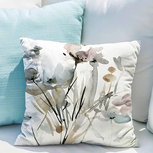 Miniatura 5 de Snycler Juego de 2 fundas de almohada de color marrón, crema, gris, verde azulado, floral, acuarela, para sofá, rústico, abstracto, moderno,