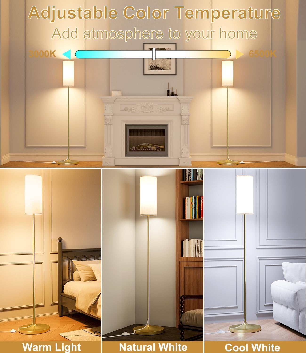 luckystyle LED Floor Lamp for Living Room, Dimmable Standing Lamps with Foot Switch,Remote Custom Color Temperature Gold Pole Lamp with Lampshade,12W Led Bulb Tall Lamps for... - Image 3