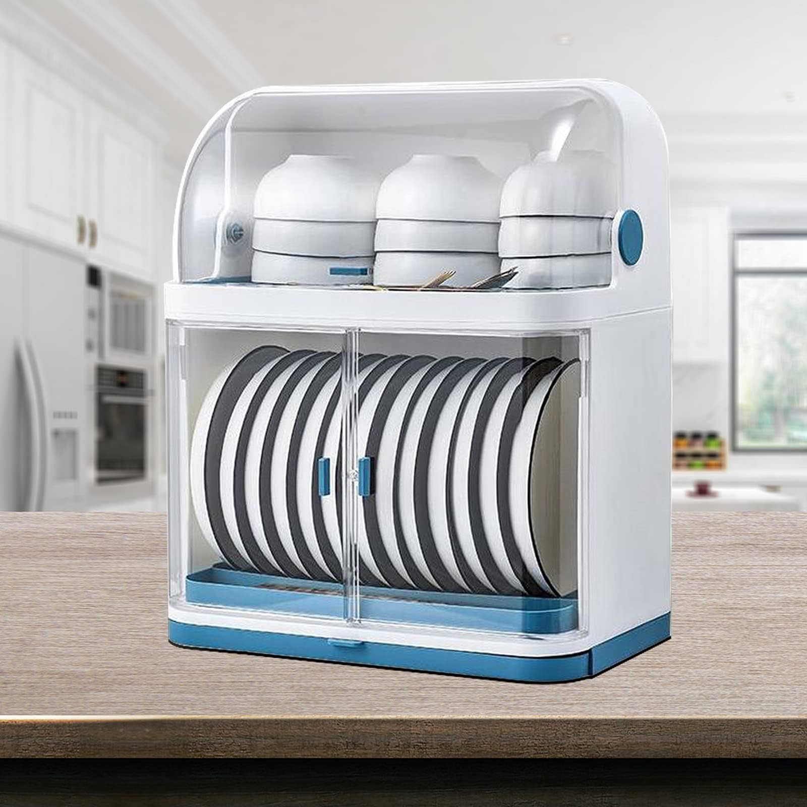 Rejilla para Platos De 2 Niveles con Tapa, Organizador De PláStico para Armarios De Cocina, Rejilla para Secar Platos, Rejilla para Platos Y Cuencos Que Ahorra Espacio