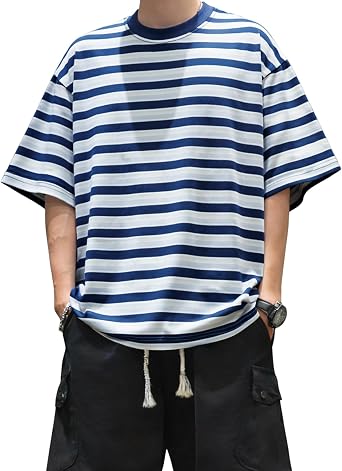 AIYINO Casual Mens Striped T Shirt Oversized Loose Fit Short Sleeve Tee for Holiday Party Crew Neck T-Shirts for Men UK