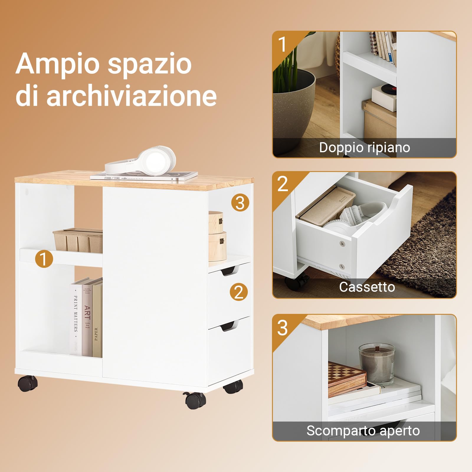 SoBuy tavolino salotto con ruote cassetti e vani L60xP30xH60cm