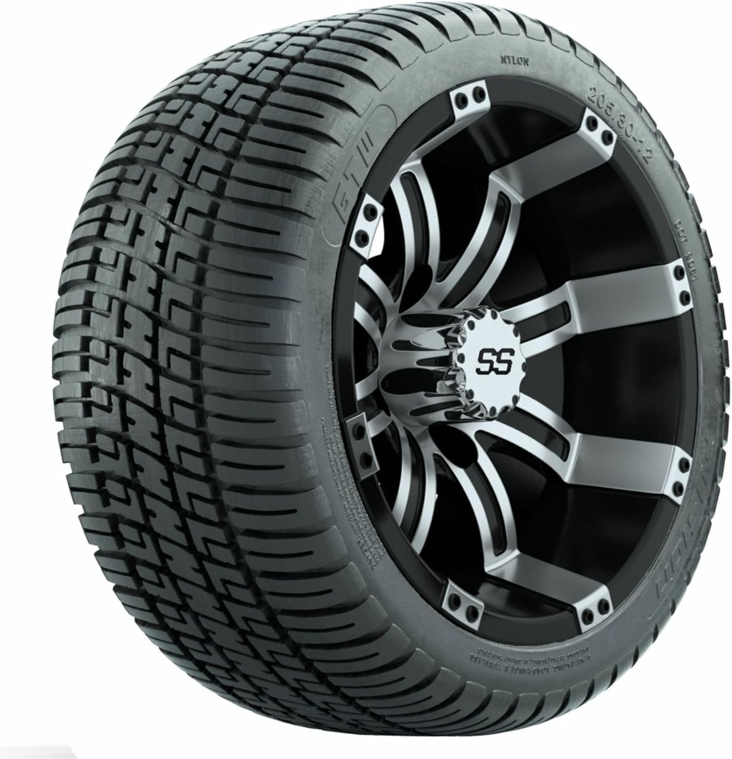 GTW Tempest 12 Inch Golf Cart Wheels Mounted on 205/30-12 Fusion Low Profile Street Tires | Machined & Black Wheels | Set of 4 Wheels & Tires