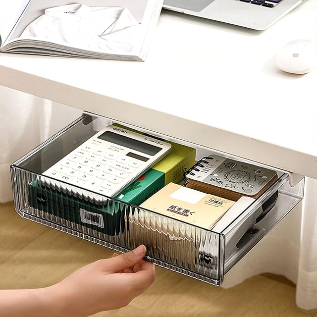 Newthinking Under Desk Drawer, Self-Adhesive Under Desk Storage Drawers, Large ABS Concealed Storage Tray Slide-Out for Under Desk Office, White