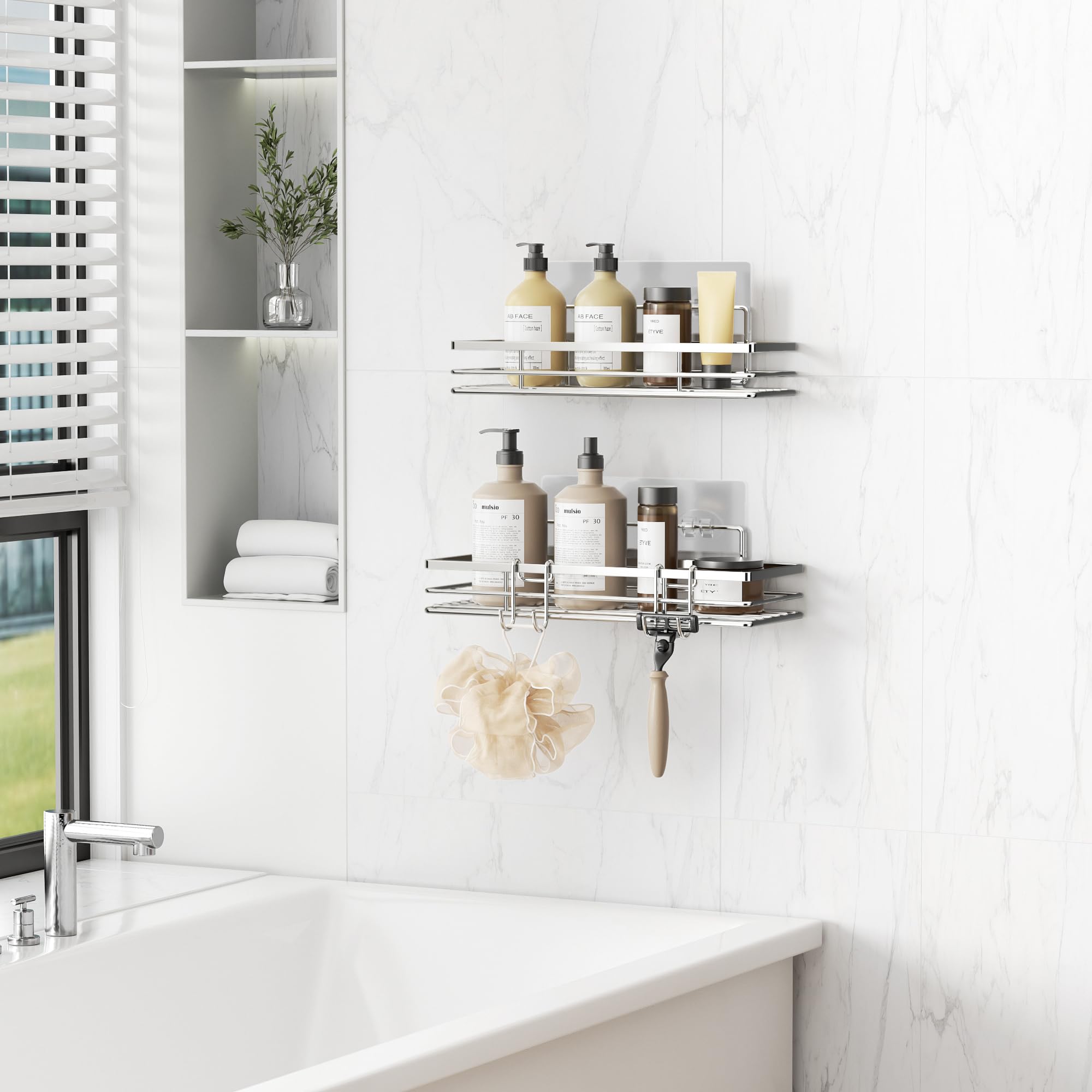 Pickpiff Mensola per doccia senza foratura SUS304 in acciaio inox, 2 pezzi, mensola doccia con 2 ganci, organizer bagno, supporto per shampoo per doccia autoadesivo