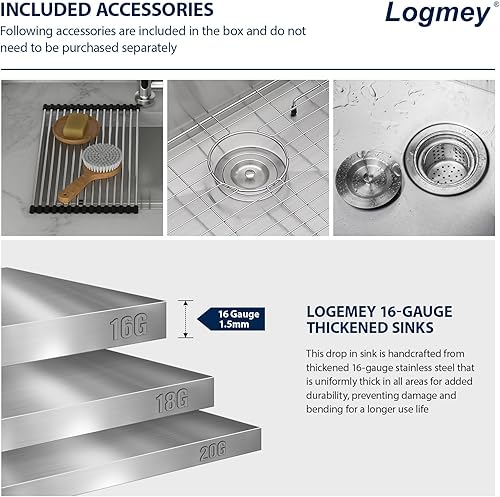 Miniatura 159 de Logmey Fregadero de barra de 21 pulgadas de acero inoxidable de 21 x 18 pulgadas, fregadero de barra pequeño de acero inoxidable de calibre 16