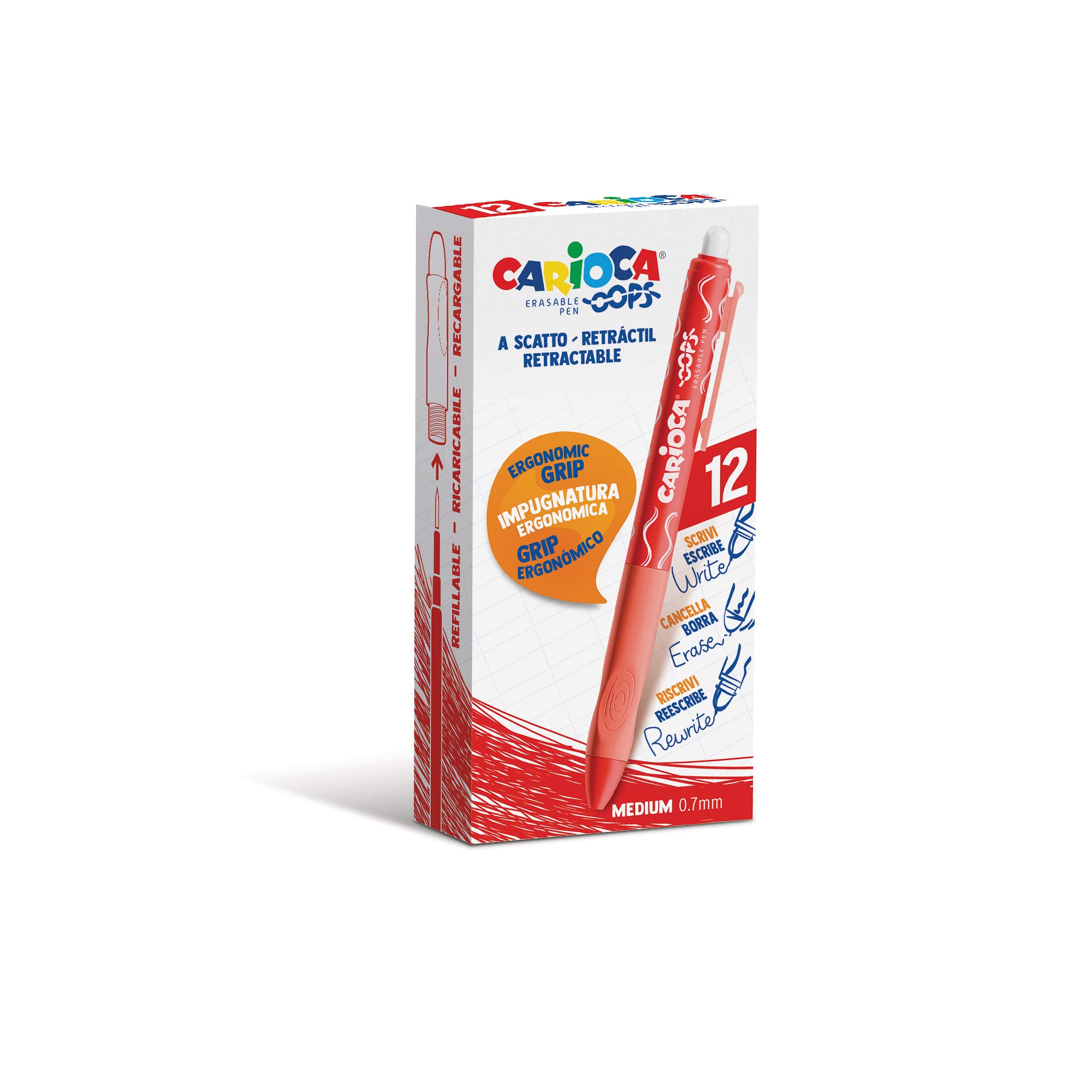 CARIOCA Oops Retráctil Rojo| Set Bolígrafos Borrables Recargables Retráctiles para el Colegio, Universidad y Oficina con Goma Incorporada y Agarre Ergonómico, Bolígrafos Rojo, 12 Uds
