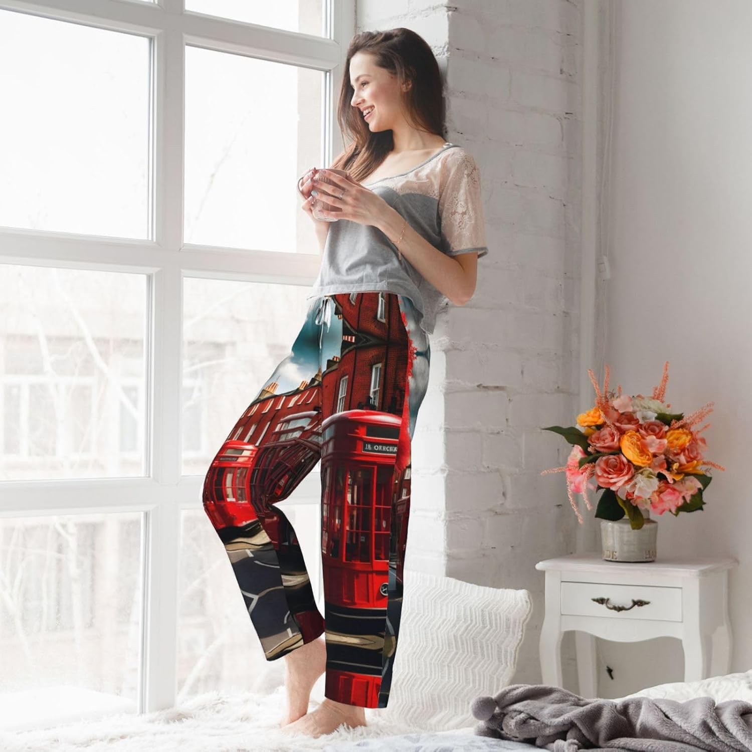Red London Street Print Cozy Christmas Pajama Pants,Flannel Pajama Bottoms,Cater To Various Body Types