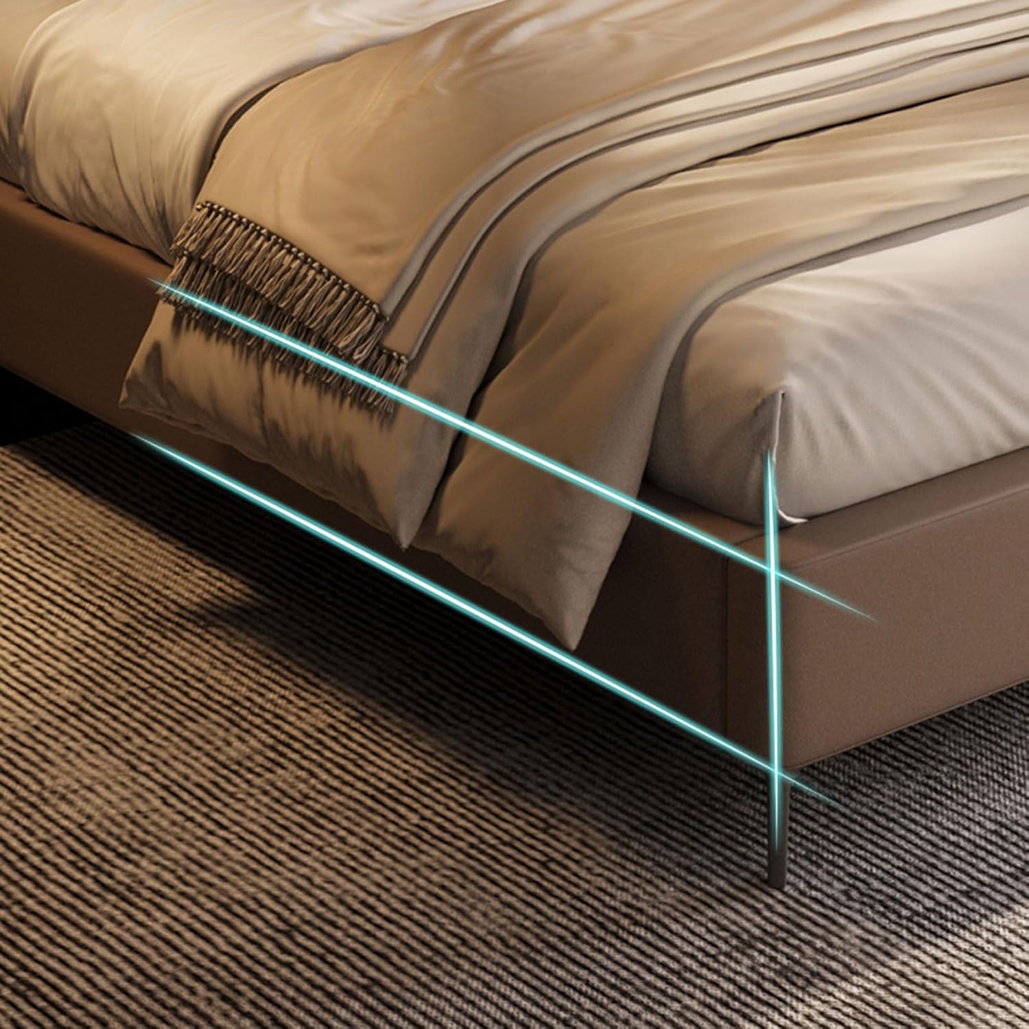 Modern Brown Leather Queen Size Platform Bed Ergonomic Upholstered Headboard Wooden Slats Support Noise-Free