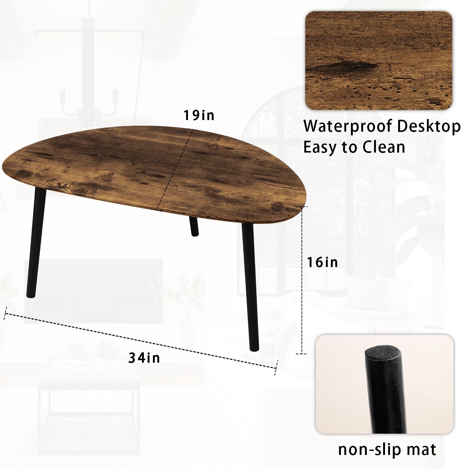 Small Oval Coffee Table Espresso Wood Mid Century Modern Coffee Tables Unique Retro Farmhouse Accent Center Sofa Rustic Table for Living Room 34"x19"x16"