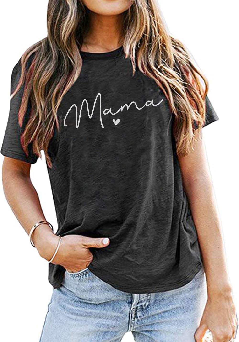 TAOHONGMama Shirt for Women Mama Letter Print T-Shirt Funny Graphic Tees Casual Short Sleeve Mom Life Tops Tee