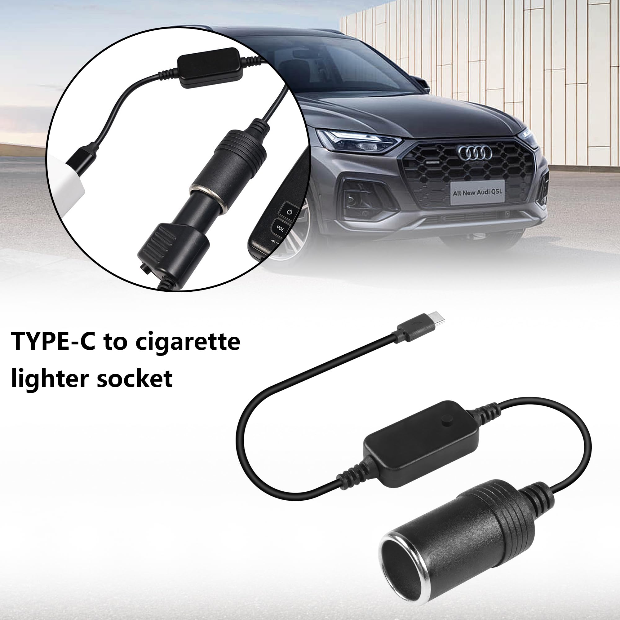 CERRXIAN Adapter USB C męski na zapalniczkę typu C na zapalniczkę do zapalniczki samochodowej wyjście regulowane napięcie 5V-9V-12V-15V-20V PD kabel do szybkiego ładowania maksymalna moc 60 W