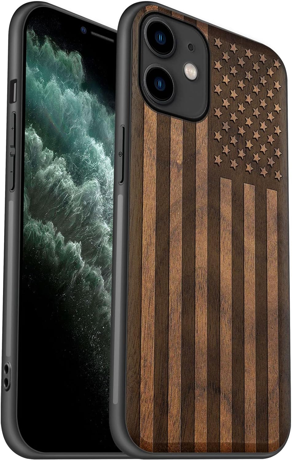 Carveit Wood Case for iPhone 11 Case [Hard Real Wood & Black Soft TPU] Shockproof Hybrid Protective Cover Unique Wooden Phone Protector Compatible with Apple iPhone 11 (American Flag-Walnut)